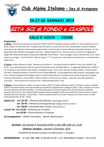 SCI FONDO E CIASPOLE - COGNE 26 - 27 e 28 gennaio 2019